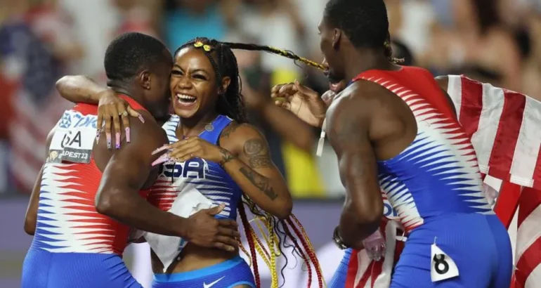 American sprinter Sha'Carri Richardson celebrates relay success at last year's World Championships