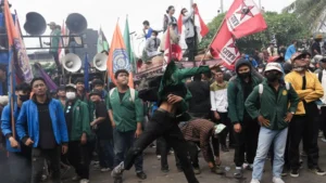 Protesters gather outside parliament in Jakarta