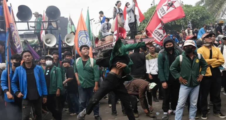 Protesters gather outside parliament in Jakarta