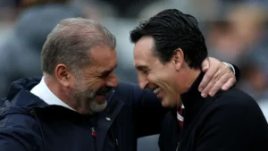 Ange Postecoglou's Tottenham are 16th in the Premier League while (right) Unai Emery's Villa are seventh