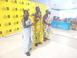 The chief of Donkorkrom, Nana Akuamoah Boateng, at the Donkorkrom Community forum